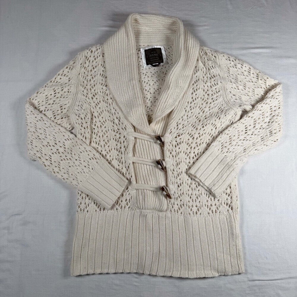 VTG Old Navy Angora Lambswool Sweater Women XL Cream Open Knit Toggle Shawl Coll
